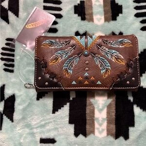 Feathered  Wallet Trifold Tribal Design Turquoise And Brown